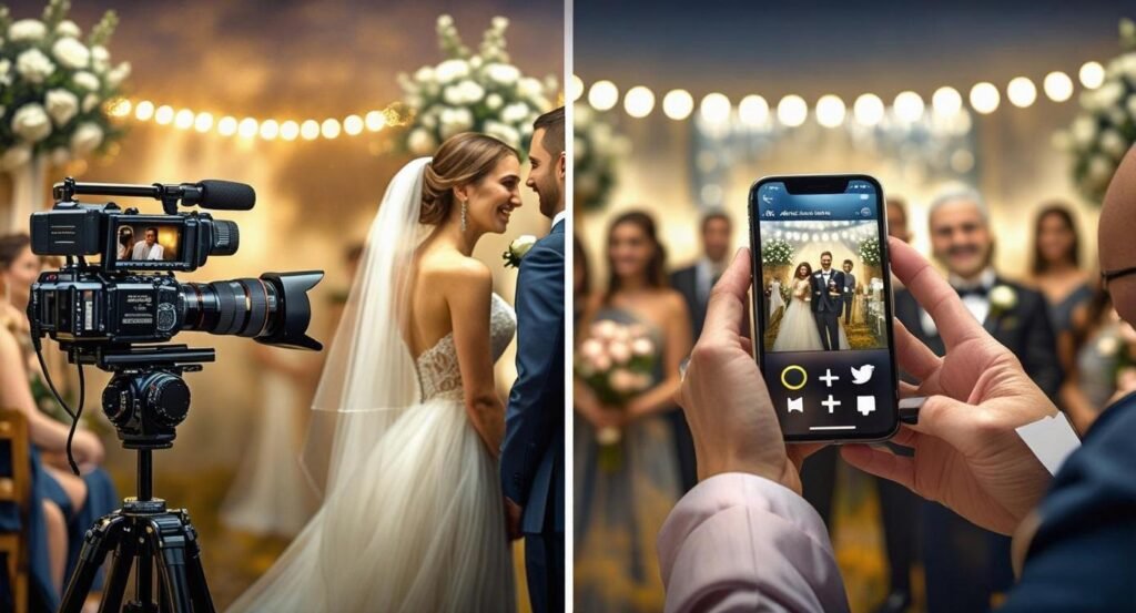 Wedding videographer filming a couple with a professional camera beside a wedding content creator capturing vertical video on a smartphone